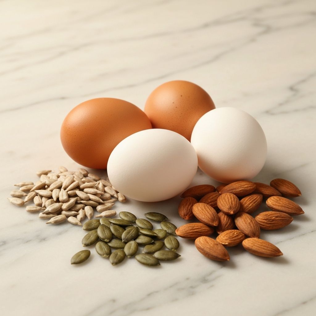 Biotin-Quellen: Frische braune und weiße Eier, Sonnenblumenkerne, Kürbiskerne, Mandeln auf Marmoroberfläche