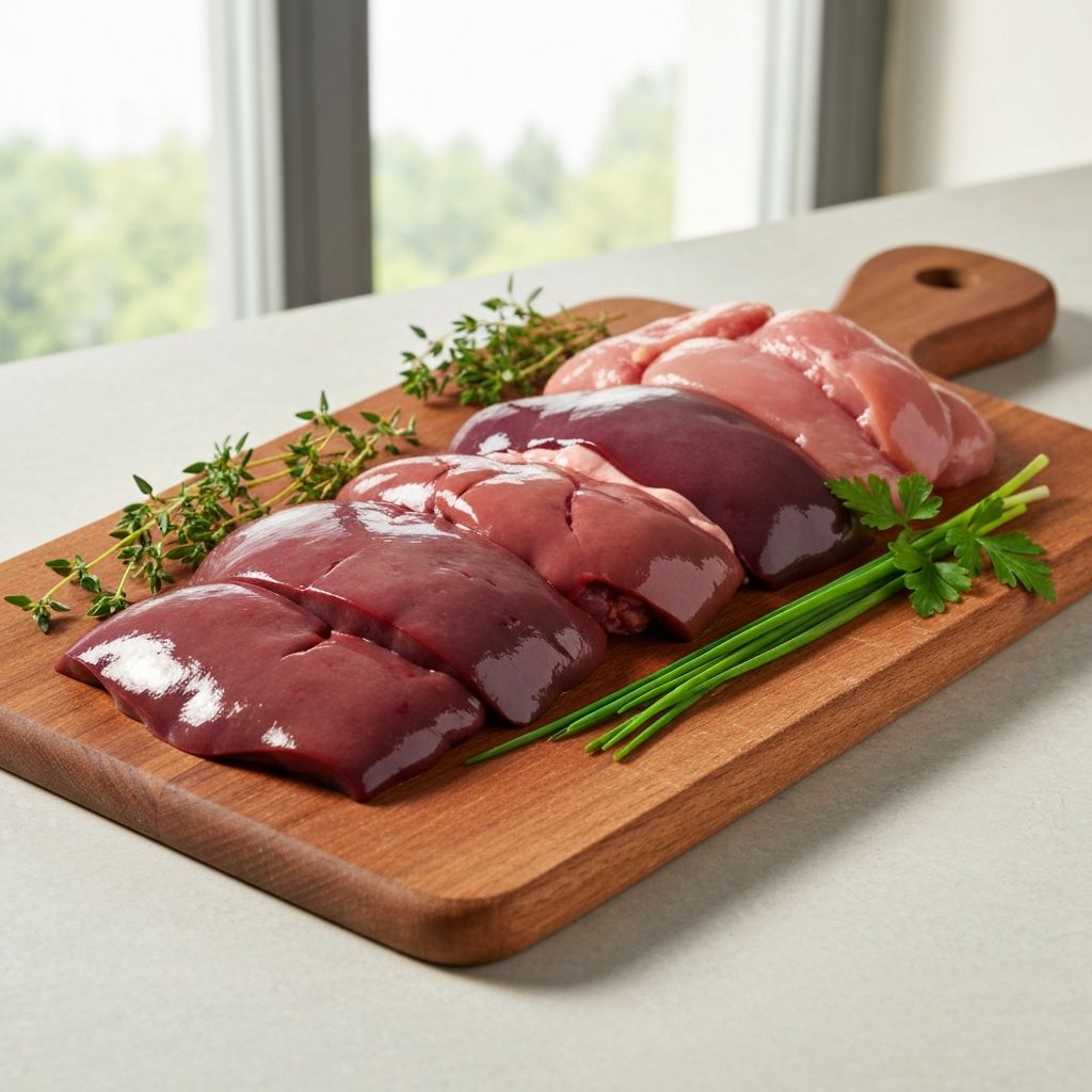 Frische Rinder- und Geflügelleber auf Schneidebrett mit Kräutern