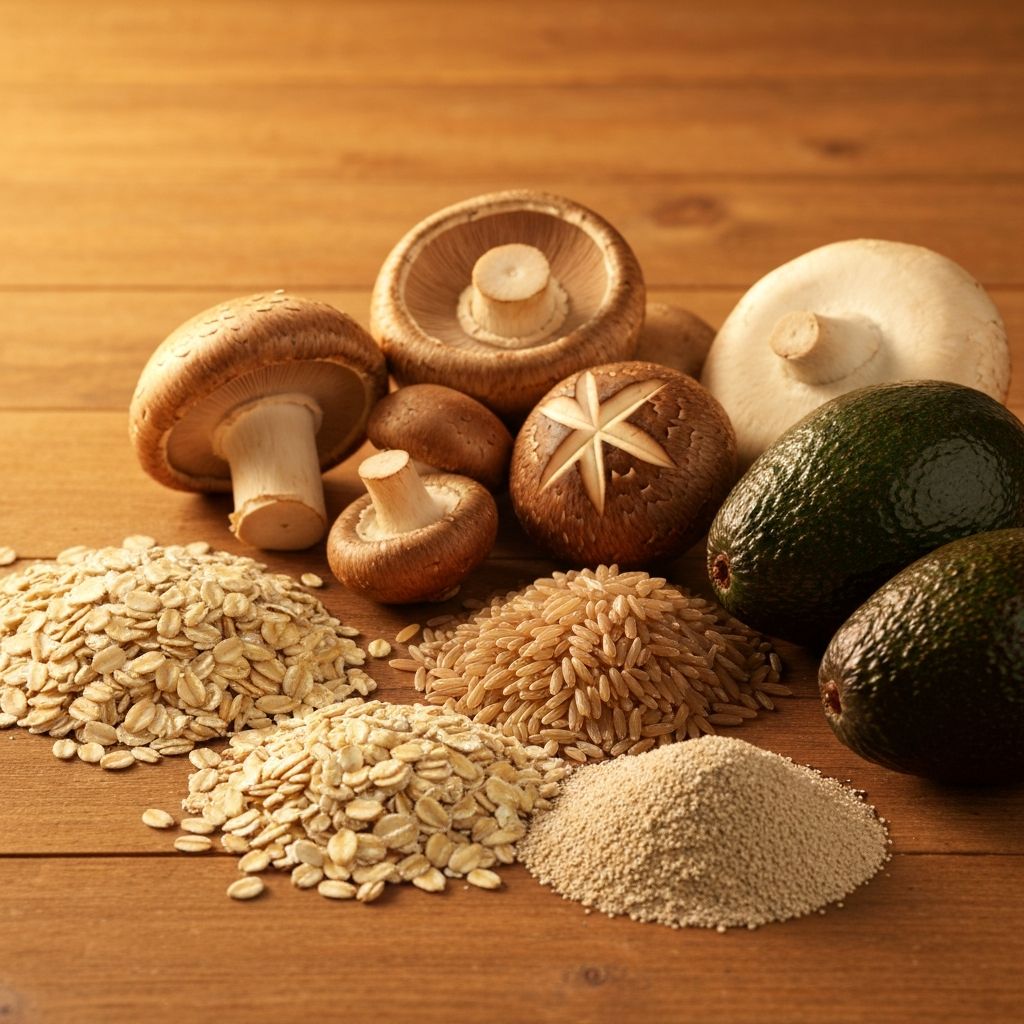 Pantothensäure-Quellen: Frische Pilze, Vollkorngetreide, Hefe auf Holzfläche
